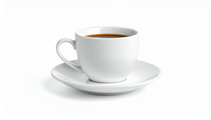 A single serving of dark coffee rests in a simple white cup and saucer.