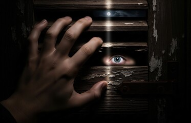 A Hand Grasping the Edge of a Wooden Window, Slowly Opening It with a Creaking Sound, While Moonlight Illuminates the Eyes, Blending Suspense and Charm on Halloween