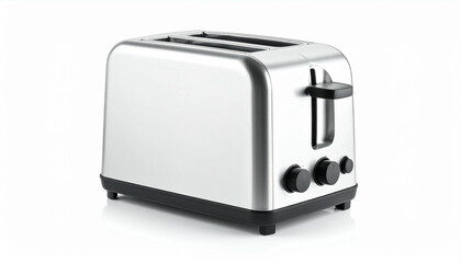 Fototapeta premium A shiny, silver toaster stands isolated against a clean white background, ready for use.