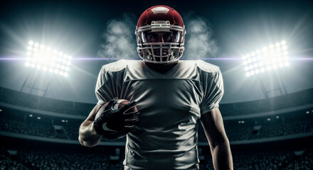 Confident American Football Player on Stadium Field at Sunset