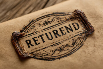 A close up of a brown paper envelope with a returend stamp on it for mailing purposes