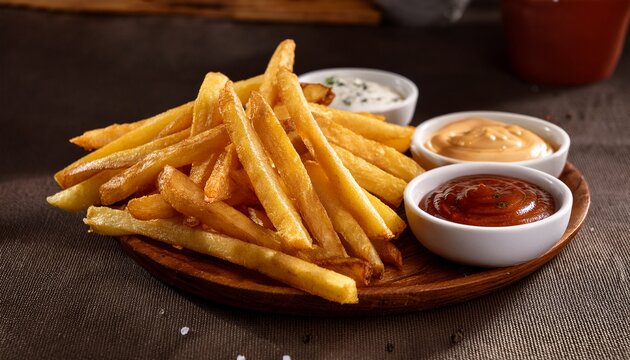 serving of fresh french fries with seasoning and dipping sauces