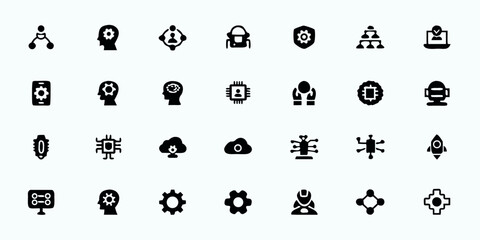 AI Development & Training Line Art Vector Icons — Model Training, Neural Networks, Data Science, AI Deployment, and Machine Learning Workflow Symbols

