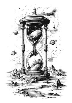 Intricate Hand-Drawn Engraving of Hourglass in Cosmic Landscape Setting