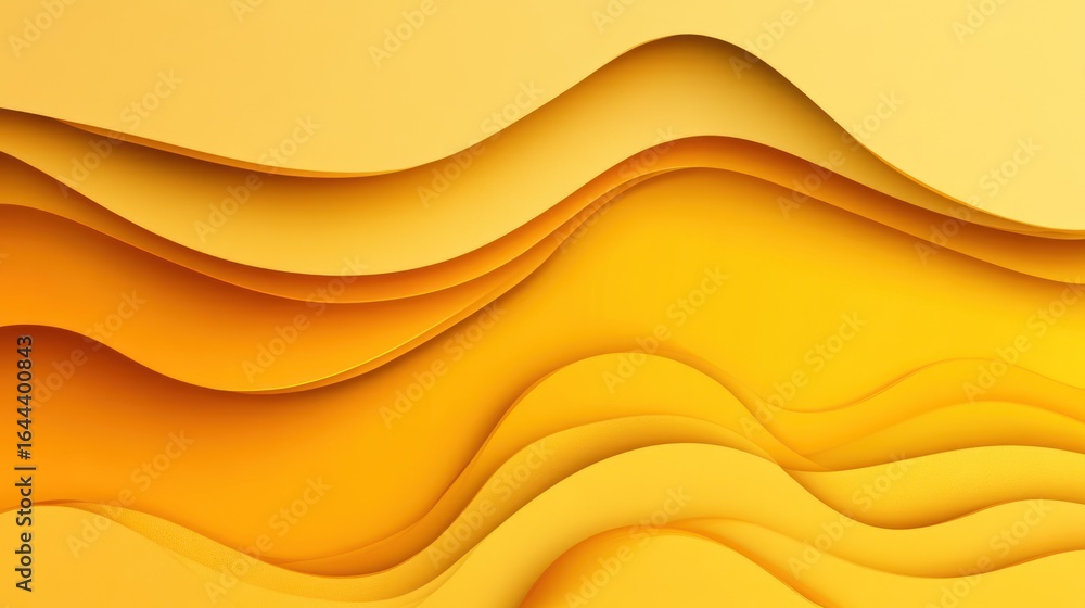 Poster abstract undulating layers of yellow and orange, creating a dynamic, flowing, three-dimensional pape