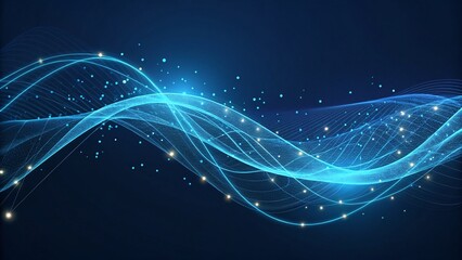 Dynamic blue abstract waves with glowing particles represent technology, data flow, and innovation in a modern design