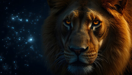 Majestic lion portrait against a shimmering, starry night background.  The lion's intense gaze commands attention.
