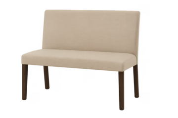 Modern beige upholstered bench with wooden legs on transparent background