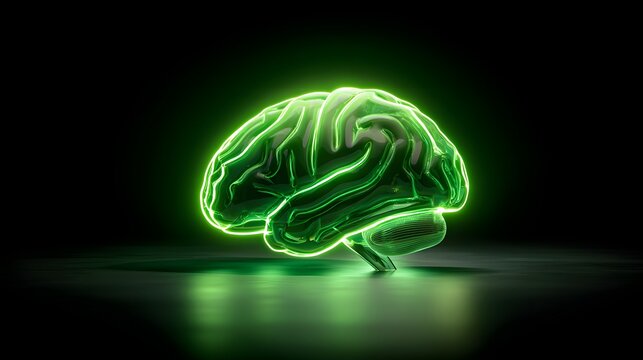 Glowing green brain illustration on dark background.