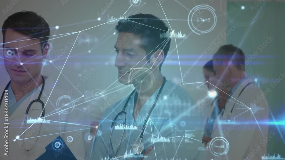 Poster indian doctor reviewing hologram data in corridor, activating 3d chart while peer adjusting folder