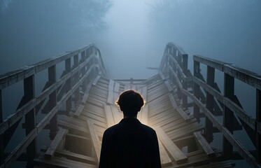 A Silhouette Faces Away on a Broken Wooden Bridge, Enveloped by Thick Fog, Capturing the Haunting Mood of Uncertainty During Halloween