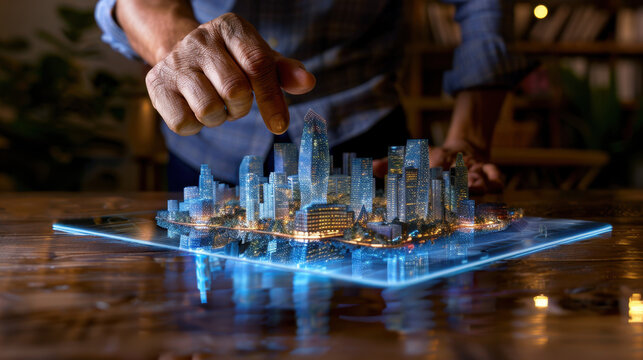 Person interacts with holographic city model, showcasing futuristic architecture and illuminated skyscrapers. scene conveys innovation and technology in urban planning