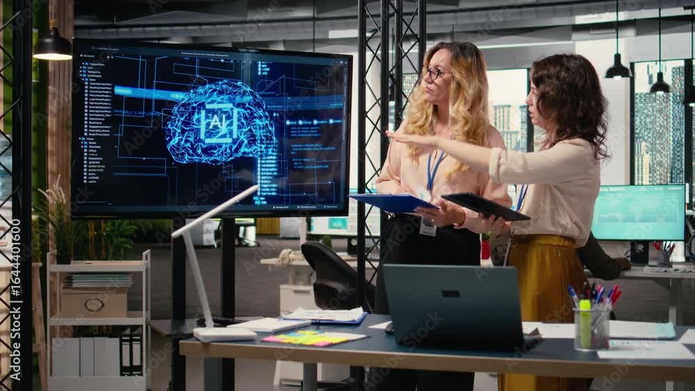 Aufkleber powerful team of associates review ai generated analytics from tv monitor, applying machine learning