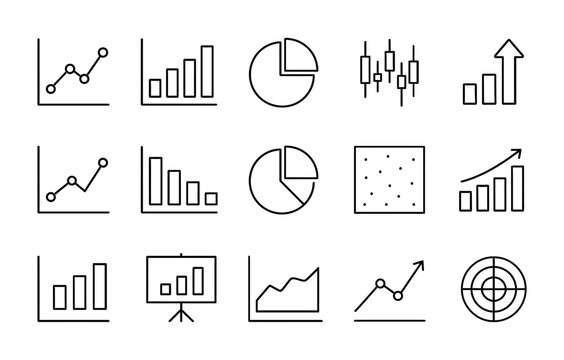 Simple linear graph and chart icon set for data visualization and analytics