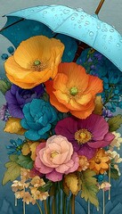 Watercolor painting of flowers and umbrella pictures