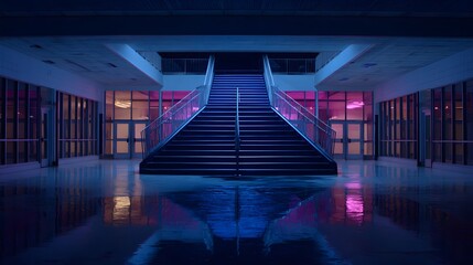Neon-lit interior staircase in a modern building at night.
