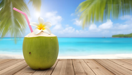 Obraz premium A tropical coconut drink with a straw and flower sits on a wooden deck overlooking the ocean.