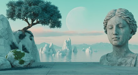 Serene ancient statue and tree in a dreamlike landscape