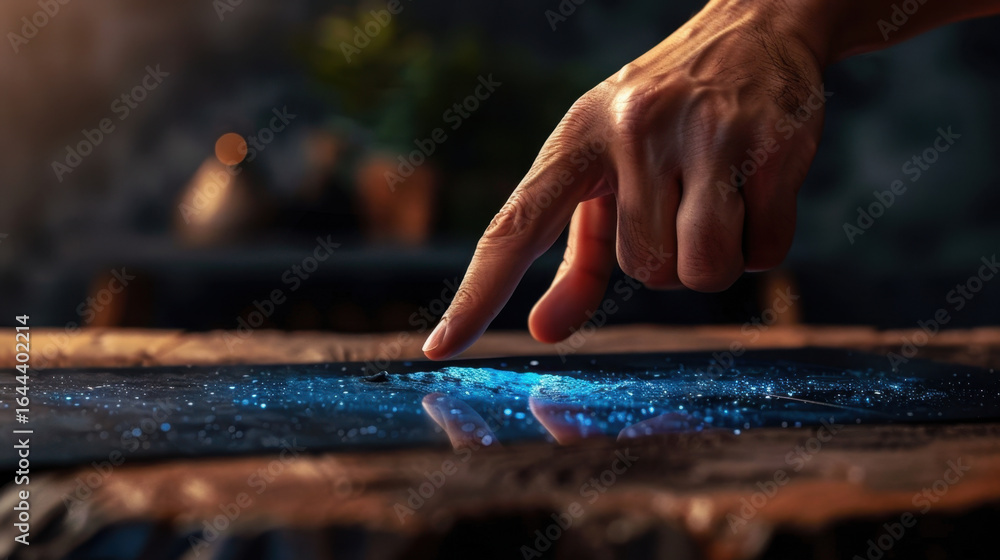 Aufkleber hand gently touches surface illuminated with starry, cosmic design, creating sense of wonder and exp