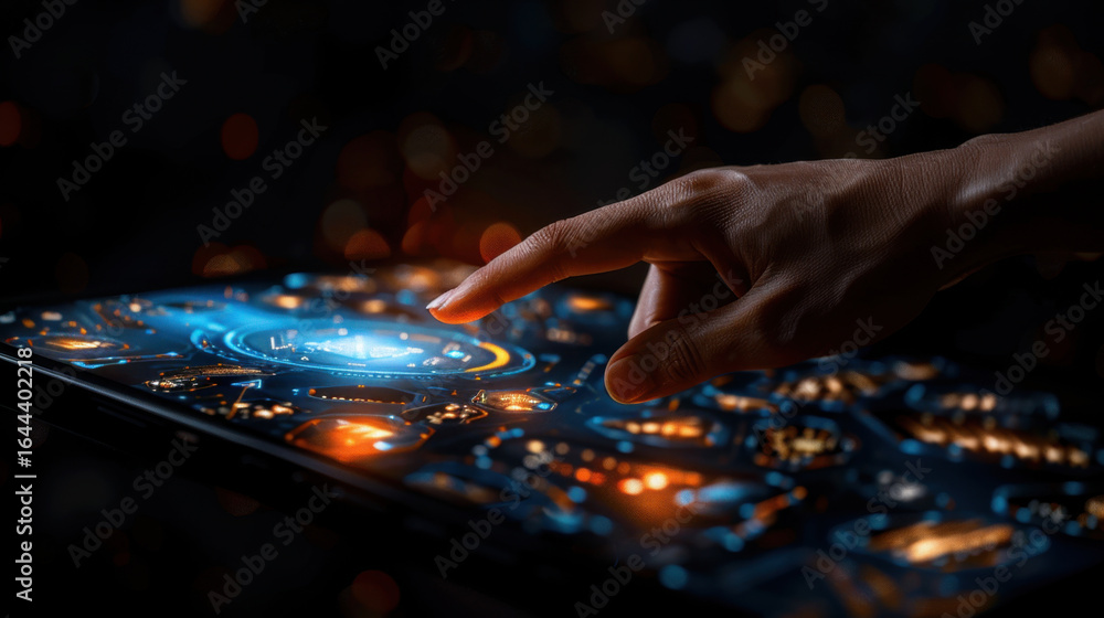 Poster hand interacts with futuristic touchscreen interface displaying glowing icons and data, set against 
