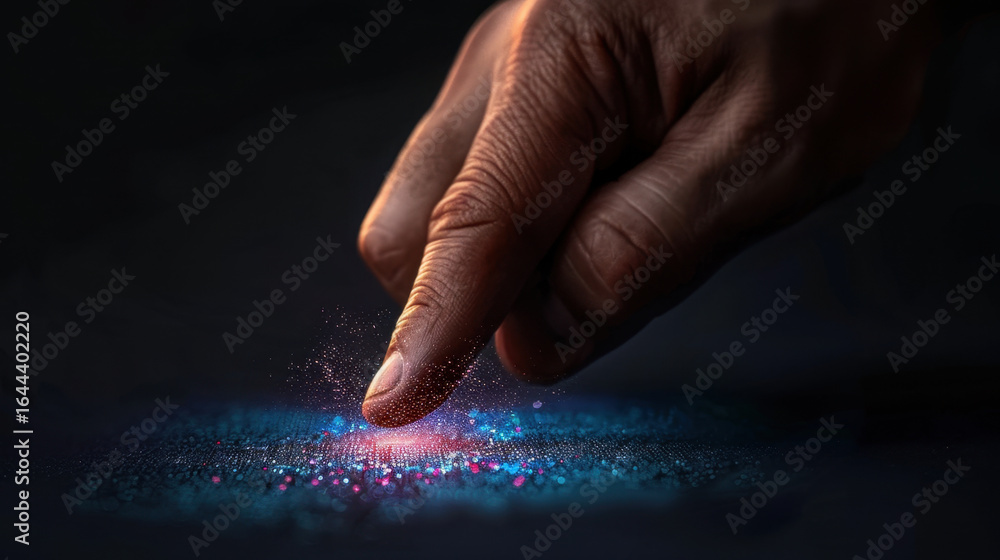Poster hand gently touches surface, creating mesmerizing display of colorful particles that shimmer and glo