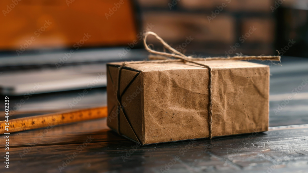 Poster wrapped package sits on wooden table, showcasing rustic design with twine. background features lapto