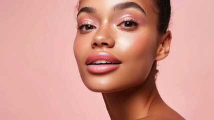 Close up portrait of young woman with radiant skin, soft pink makeup, and confident smile against light pink background. image captures beauty and elegance, showcasing fresh and natural look