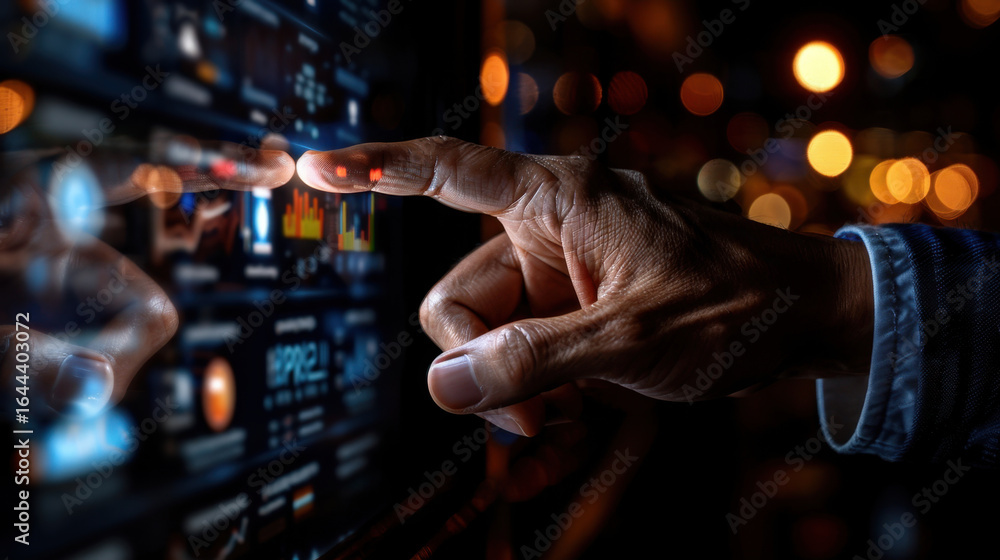 Poster Hand interacts with digital touchscreen displaying various data visualizations and graphs, symbolizing technology and innovation. blurred background adds modern, dynamic feel to scene