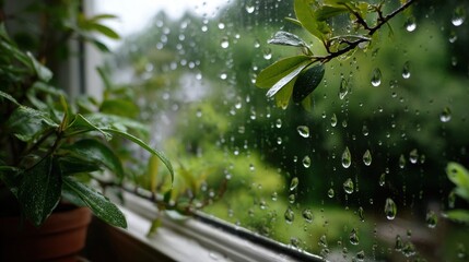 Close-up of rain droplets on a window with lush green leaves outside du a rainy day, with blurred background and fresh outdoor nature scene