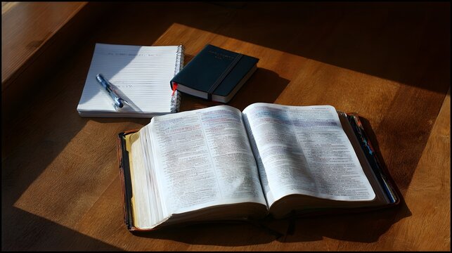 Open bible and notebooks on a wooden surface.