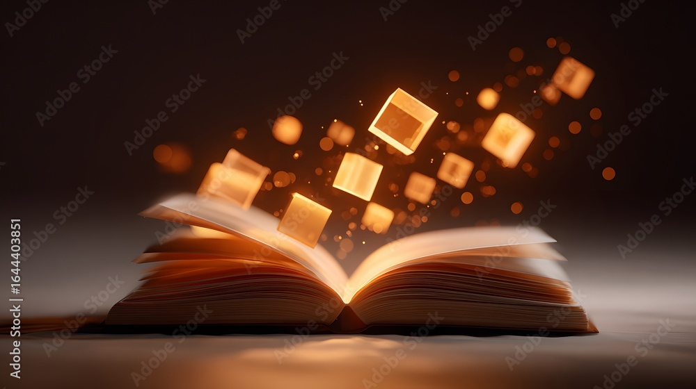 Poster Open book with glowing cubes floating above.