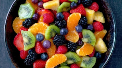 Colorful fruit salad in a dark bowl.