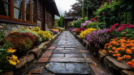 Beautiful garden pathway lined with vibrant flowers and lush greenery leads to charming house. colorful blooms create serene and inviting atmosphere, perfect for relaxation