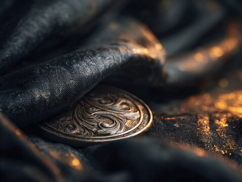 An ancient silver coin with intricate carvings on a shimmering dark silk fabric.