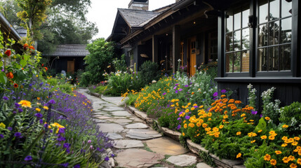 Obraz premium Beautiful garden pathway lined with vibrant flowers leads to charming house. scene is filled with colorful blooms, including orange marigolds and purple lavender, creating serene and inviting