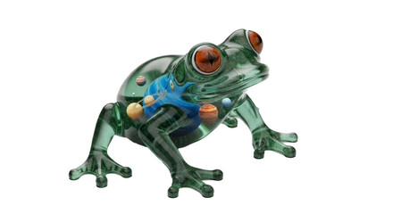 Fototapeta premium A transparent frog with planets inside its body on a black background in a studio setting