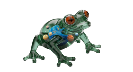 A transparent frog with planets inside its body on a black background in a studio setting