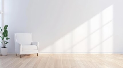 A cozy armchair rests by a sunlit window, enhancing a minimalist white wall and rustic wooden floor, ideal for decor lovers.