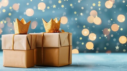 Celebrate the joy of Three Kings Day with these dazzling gift boxes adorned with golden crowns against a cool blue backdrop.