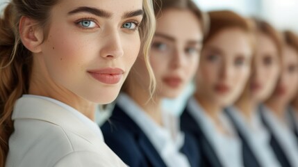 Obraz premium A stunning side view of a woman with flowing blond hair as she collaborates with a team of agents in a busy office.