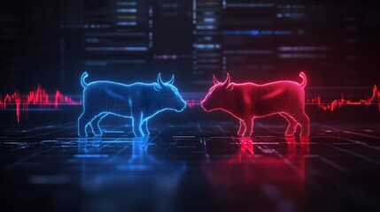 Two glowing, digital bull figures, blue and red, face each other on a dark, tech-infused background with code and heart rate-like lines
