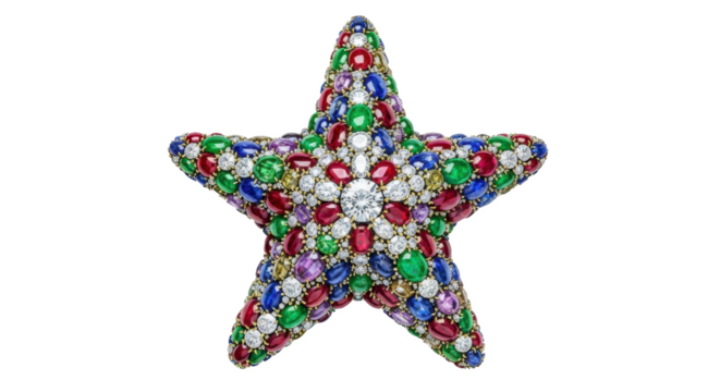 Close up of a star shaped brooch covered in colorful gemstones and diamonds on a black background