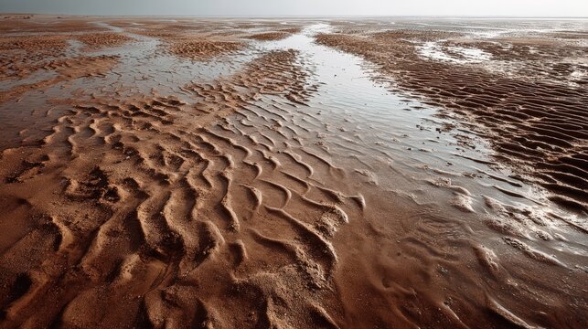 Wide-angle view of a muddy beach with rippled sand patterns, shallow water pools reflecting sky, and textured wet soil on a cloudy day