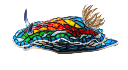 Close up of a colorful nudibranch with blue antennae and feathery gills on a black background