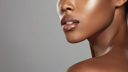 Close up of woman face showcasing smooth skin, highlighting contours of her jawline and lips. lighting emphasizes radiant glow, creating elegant and sophisticated appearance