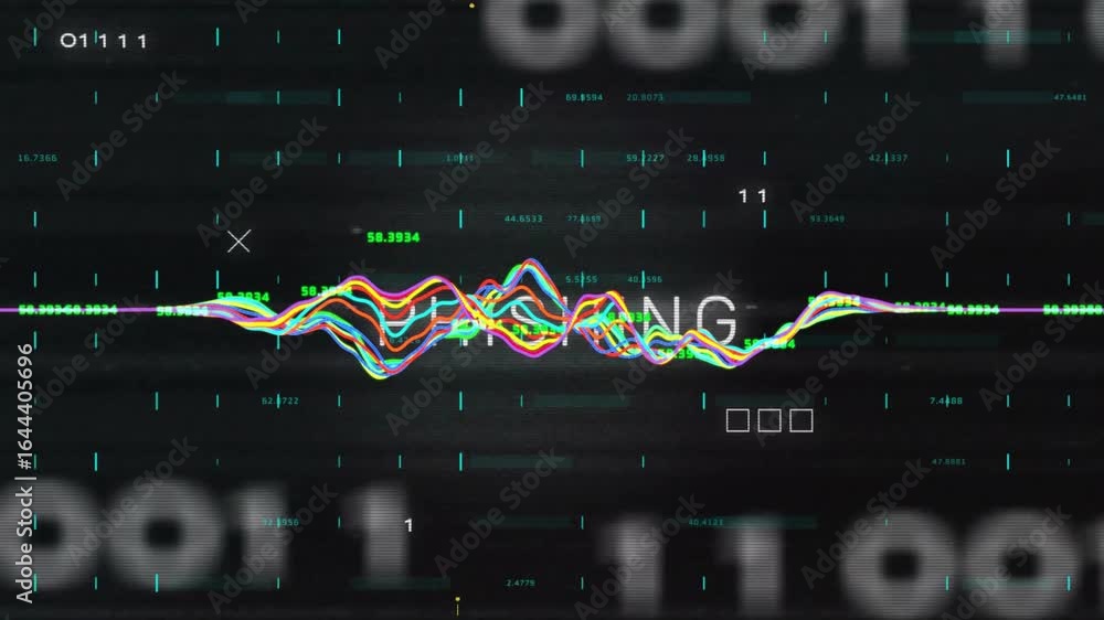 Poster at startup colorful waveform appearing on grid, traces pulsing, binary floating to show data flow