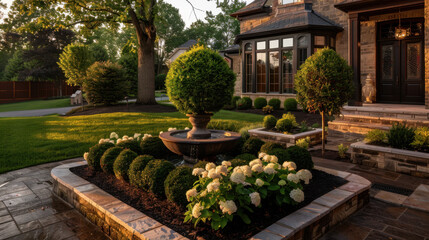 Beautifully landscaped garden features stone pathway leading to charming home. Lush green shrubs and blooming white hydrangeas surround decorative fountain, creating serene atmosphere