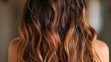 Naklejka premium Long, wavy hair with blend of brown and blonde highlights creates beautiful, natural look. soft waves add texture and movement, enhancing overall appearance