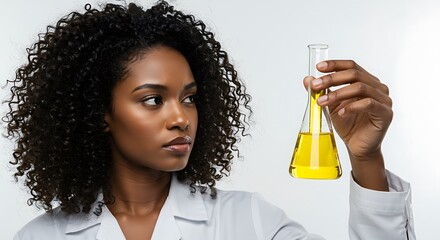 Analytical Scientist: Black Woman Examining Fluid in Flask