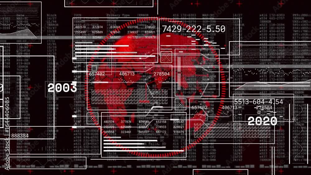 Poster screen fading in showing red globe spinning data panels sliding updating timeline from 2001 to 2020